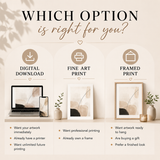 An informational graphic titled 'WHICH OPTION is right for you?' comparing three art print purchase options: digital download, fine art print, and framed print. It shows laptop, phone, framed print, and vase decor on a warm beige background with bullet points describing each option.