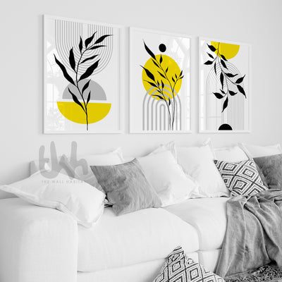 grey and yellow living room art