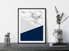 marble and navy blue block print