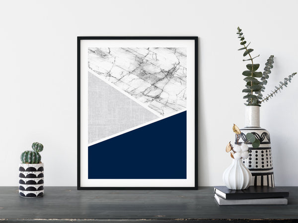 marble and navy blue block print