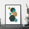 teal and gold hexagon prints